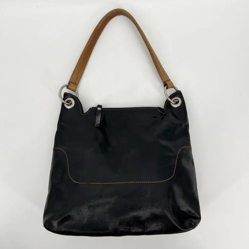 Coccinelle Hobo Shoulder Bag Black Leather Brown Strap Stitching Italian READ